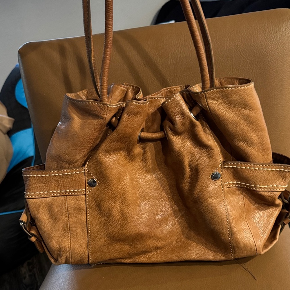 Fossil Cognac Brown Leather Drawstring Hobo Shoulder Bag
